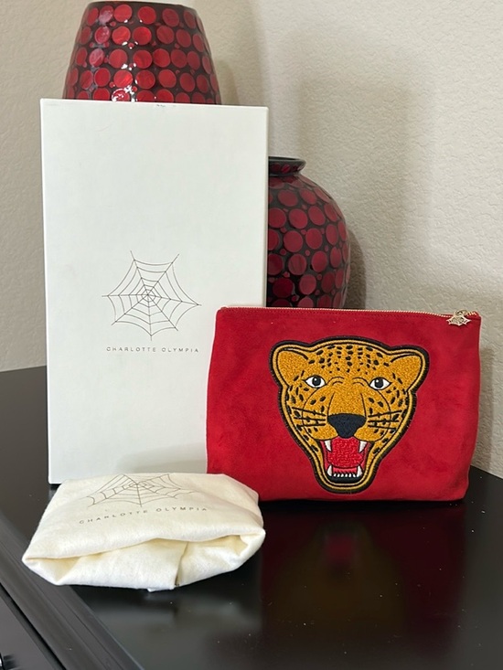 Charlotte Olympia Handbags - Charlotte Olympia Red Suede Clutch with Leopard Motif – NWOT, Box & Dust Bag